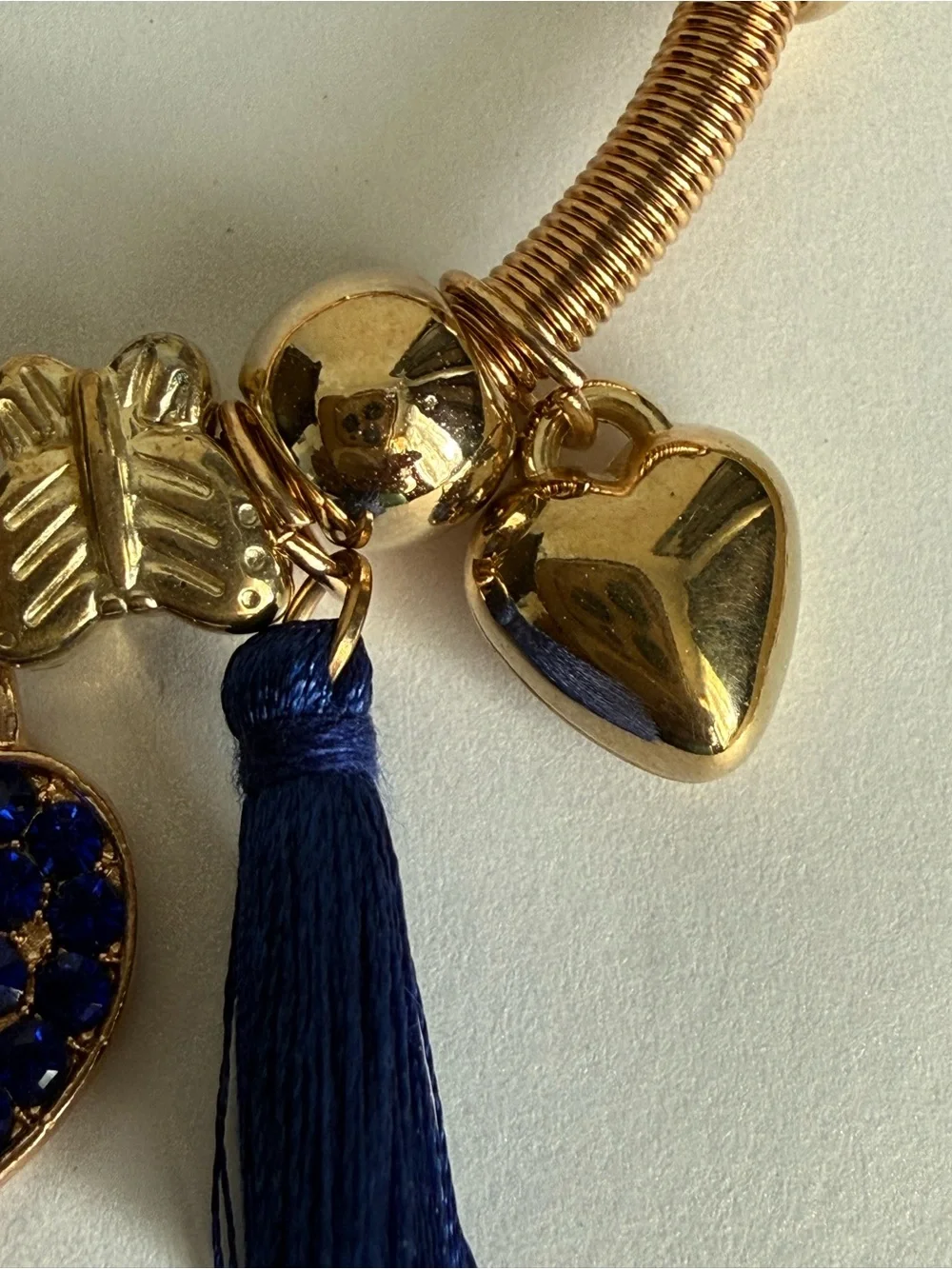 Gold Heart Charm Bracelet with Navy Blue Tassel